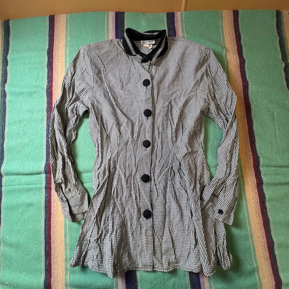 Mirrors Gingham Shirt Dress Womens Medium Black White 90s Vintage Button Front